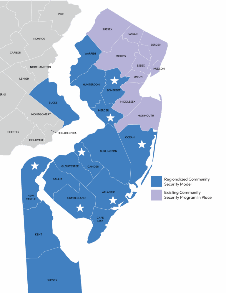 Map of New Jersey and surrounding areas showing counties colored to represent "Regionalized Community Security Model" (blue) and "Existing Community Security Program In Place" (purple). Stars indicate specific locations within the colored regions.
