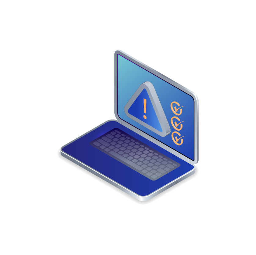 Isometric illustration of a laptop with a warning symbol on the screen.