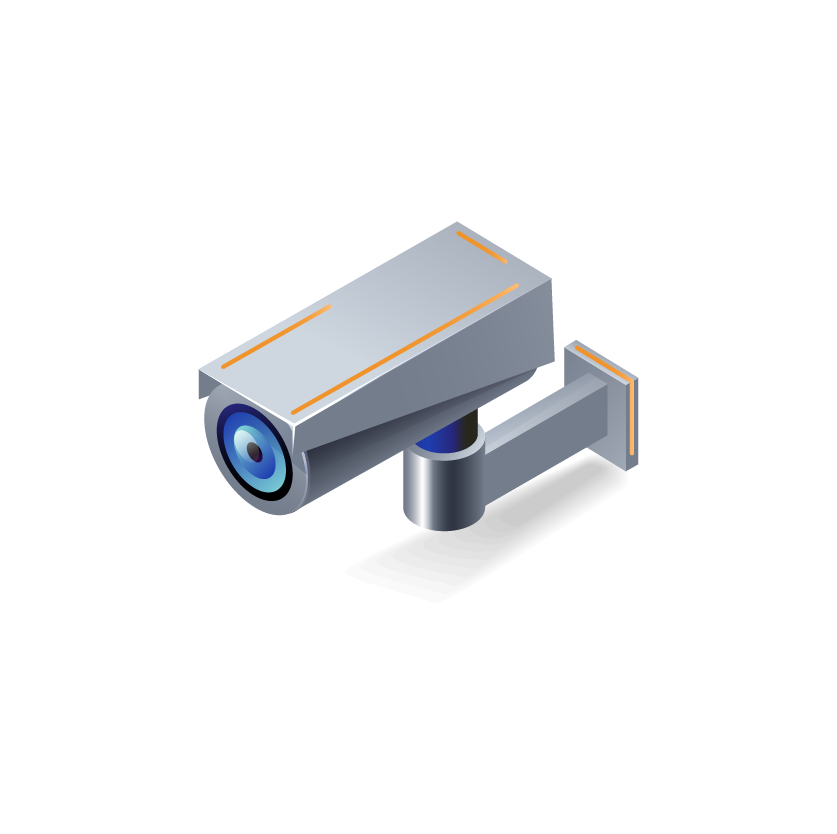 An isometric illustration of a gray security camera with a blue lens, mounted on a wall bracket, casting a shadow below.