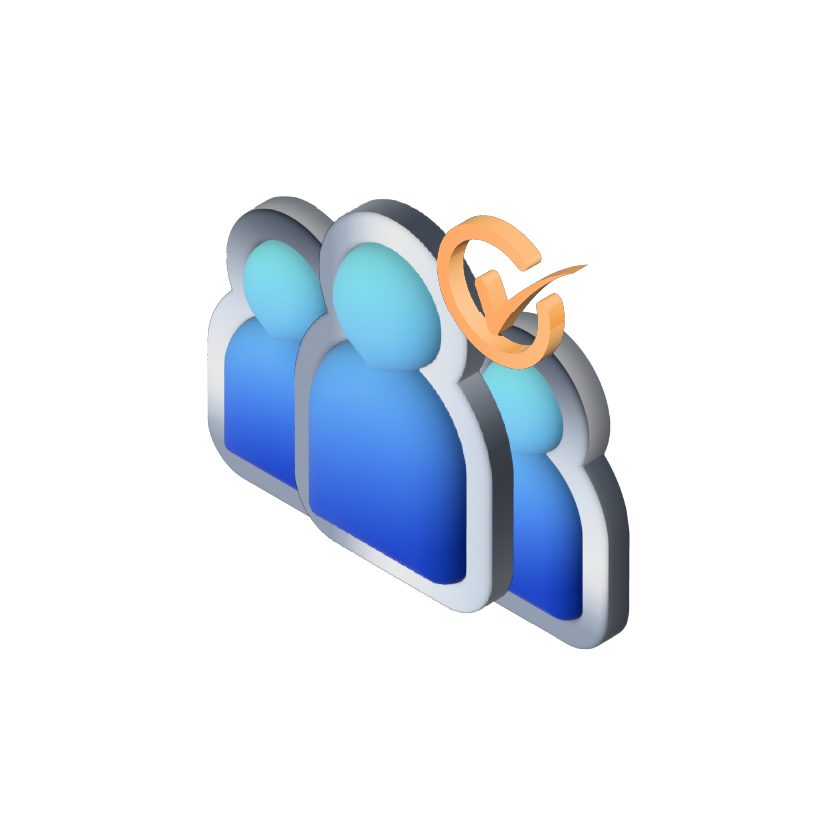 An isometric icon showing three stylized human figures with blue bodies and light blue heads, arranged side-by-side. An orange checkmark is superimposed over the head of the rightmost figure.